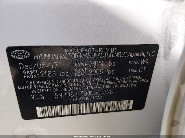 5NPD84LF0JH301826 Hyundai ELANTRA SEL