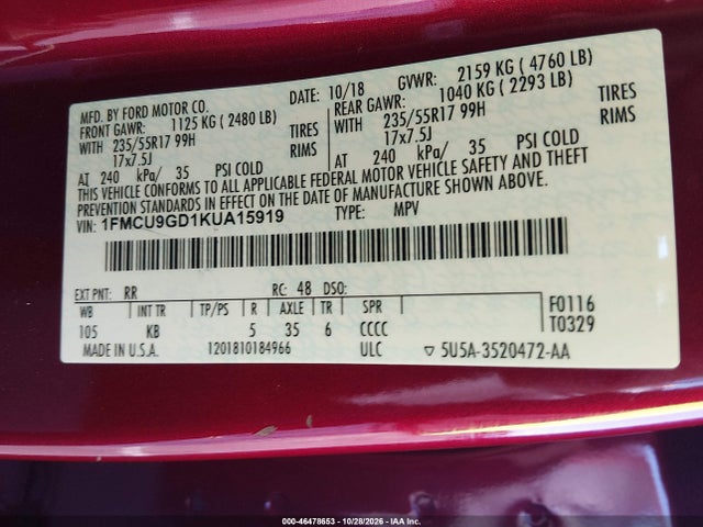 Ford ESCAPE SE 2019 1FMCU9GD1KUA15919 Image 9