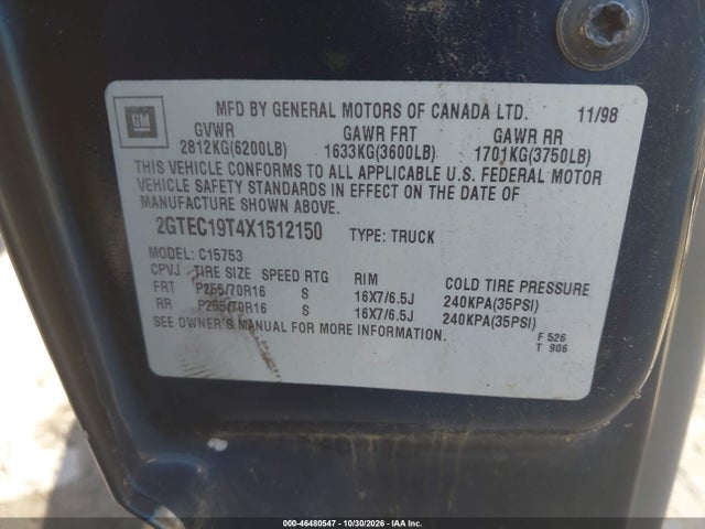 Продажа на аукционе авто 1999 Gmc Sierra 1500 Sle, vin: 2GTEC19T4X1512150, номер лота: 46480547