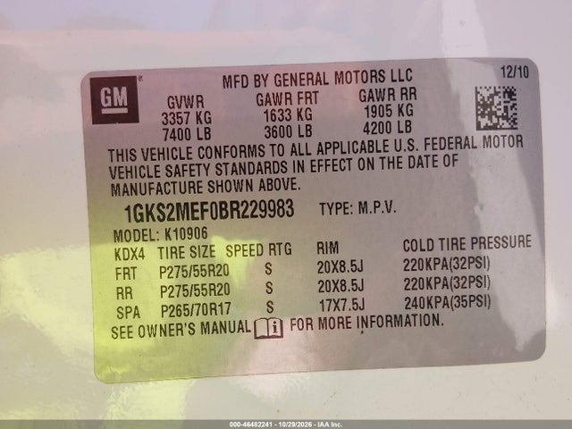 Продажа на аукционе авто 2011 Gmc Yukon Xl 1500 Denali, vin: 1GKS2MEF0BR229983, номер лота: 46482241