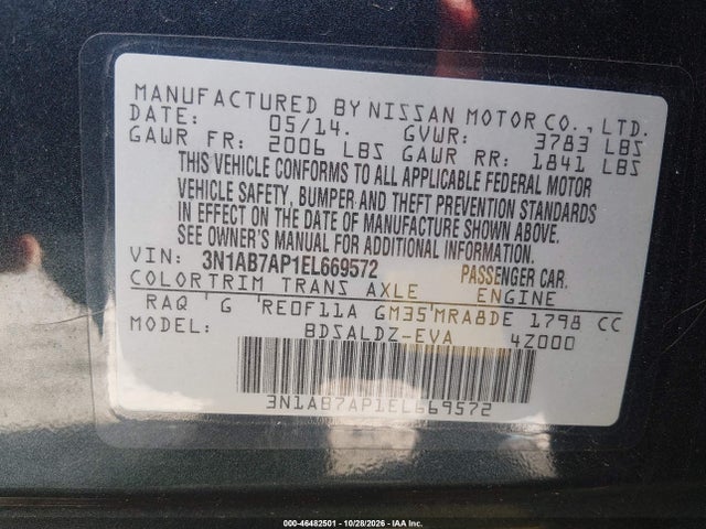Aukcja sprzedaży 2014 Nissan Sentra Fe+ S/fe+ Sv/s/sl/sr/sv, vin: 3N1AB7AP1EL669572, numer aukcji: 46482501