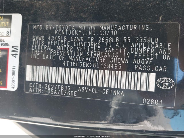 46483013 :رقم المزاد ، 4T1BF3EK2BU129495 vin ، 2011 Toyota Camry Le مزاد بيع