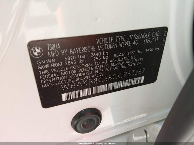 46484089 :رقم المزاد ، WBAKB8C58CC963267 vin ، 2012 Bmw 750li مزاد بيع