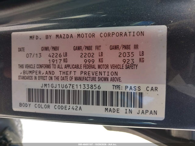 Продажа на аукционе авто 2014 Mazda Mazda6 I Sport, vin: JM1GJ1U67E1133856, номер лота: 46491107