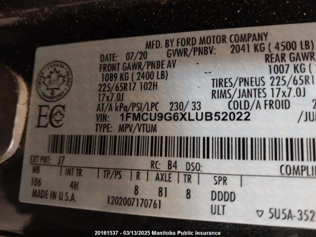 1FMCU9G6XLUB52022 Ford 2020