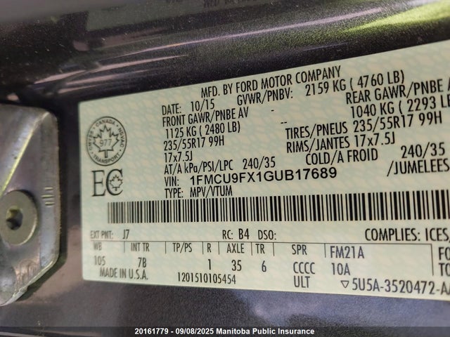 Ford Escape 2016 1FMCU9FX1GUB17689 Image 9