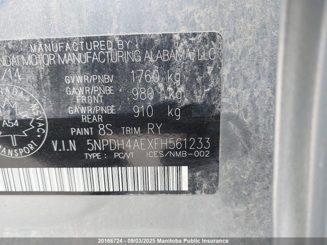 Hyundai dohc mpi nu 2015 5NPDH4AEXFH561233 Image 9