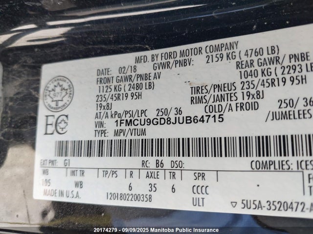 1FMCU9GD8JUB64715 Ford 1.5l gtdi sigma w/premium fuel