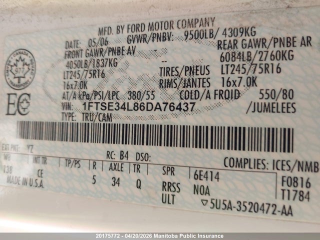2006 Ford E350 Econoline Cargo Van მანქანა იყიდება აუქციონზე, vin: 1FTSE34L86DA76437, აუქციონის ნომერი: 20175772