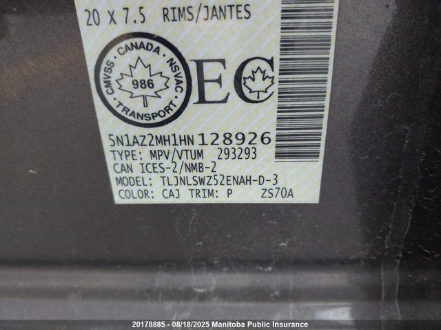 5N1AZ2MH1HN128926 Nissan 2017