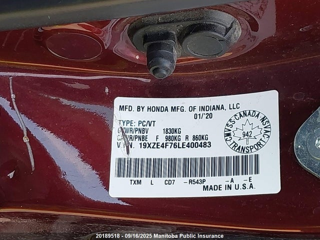 20189518 :رقم المزاد ، 19XZE4F76LE400483 vin ، 2020 Honda Insight Touring مزاد بيع