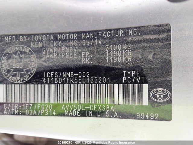 4T1BD1FK5EU133201 Toyota 2ar-fxe+2jm