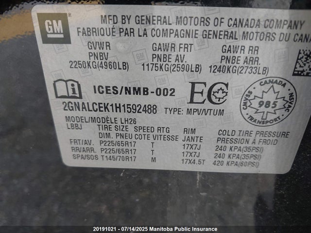 2GNALCEK1H1592488 Chevrolet lea - sidi: spark ignited direct injection, e85 max, alum
