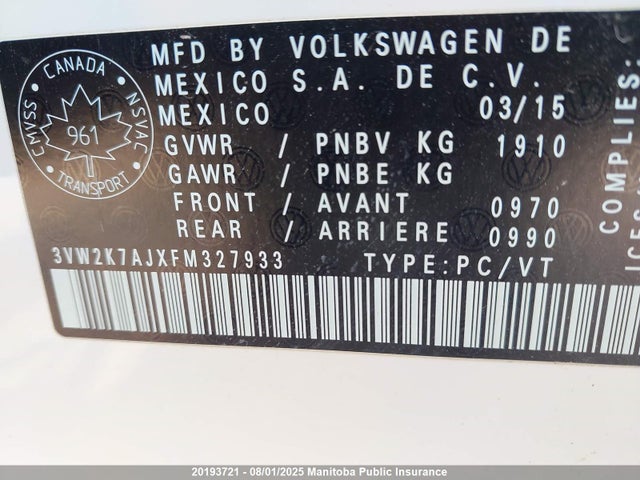 3VW2K7AJXFM327933 Volkswagen 2015