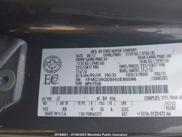 1FMCU9GD5HUE80096 Ford gtdi sigma w/premium fuel