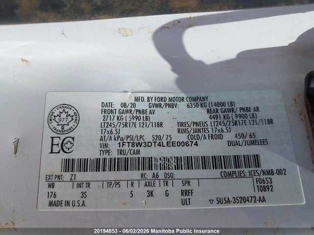 Продаж на аукціоні авто 2020 Ford F350 Sd Xlt Crew Cab, vin: 1FT8W3DT4LEE00674, номер лоту: 20194853