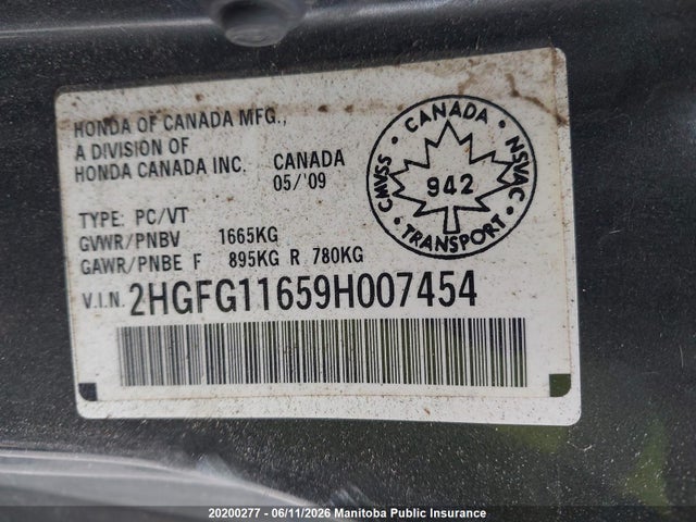 20200277 :رقم المزاد ، 2HGFG11659H007454 vin ، 2009 Honda Civic Ex مزاد بيع