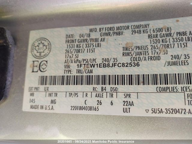 1FTEW1EB8JFC82536 Ford 3.3l tivct
