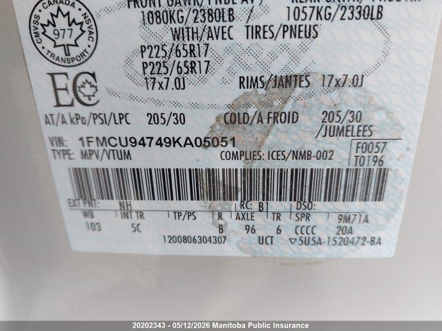 Продажа на аукционе авто 2009 Ford Escape Limited, vin: 1FMCU94749KA05051, номер лота: 20202343