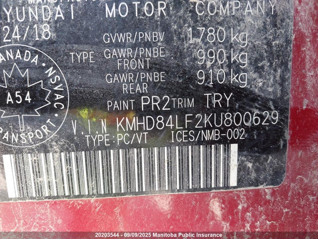 KMHD84LF2KU800629 Hyundai mpi nu