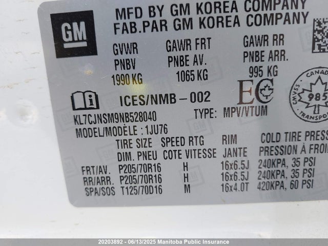 KL7CJNSM9NB528040 Chevrolet TRAX LS