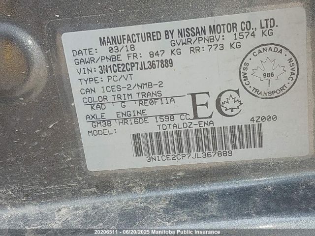 3N1CE2CP7JL367889 Nissan VERSA NOTE
