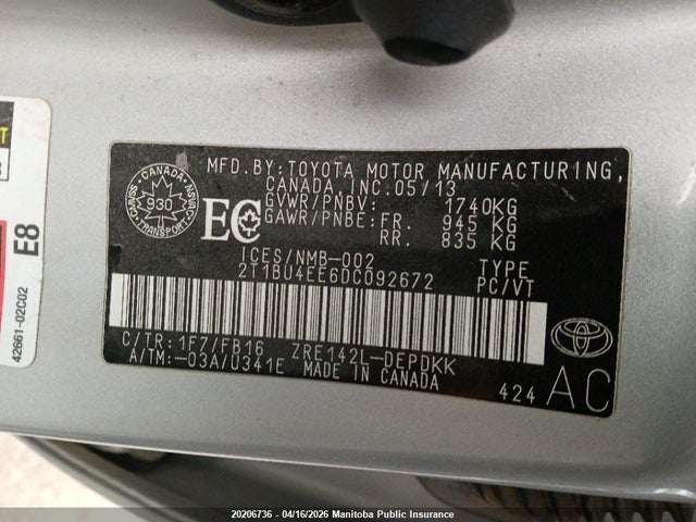 2013 Toyota Corolla მანქანა იყიდება აუქციონზე, vin: 2T1BU4EE6DC092672, აუქციონის ნომერი: 20206736