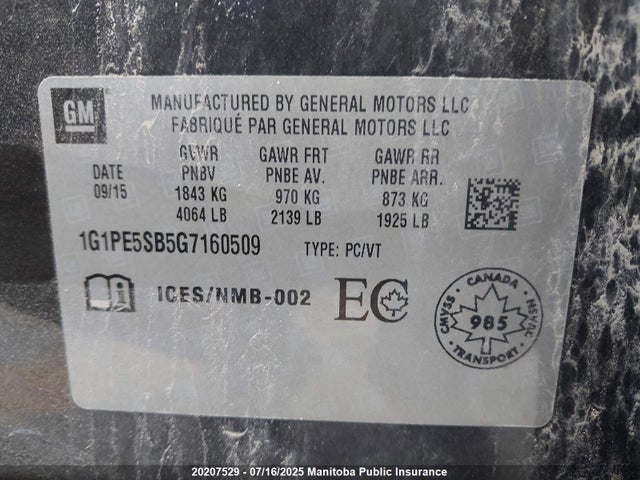 1G1PE5SB5G7160509 Chevrolet luv - vvt, alum, e85 max