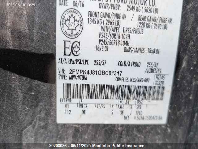 2FMPK4J81GBC01317 Ford EDGE SEL