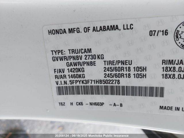 5FPYK3F71HB502278 Honda j35y6