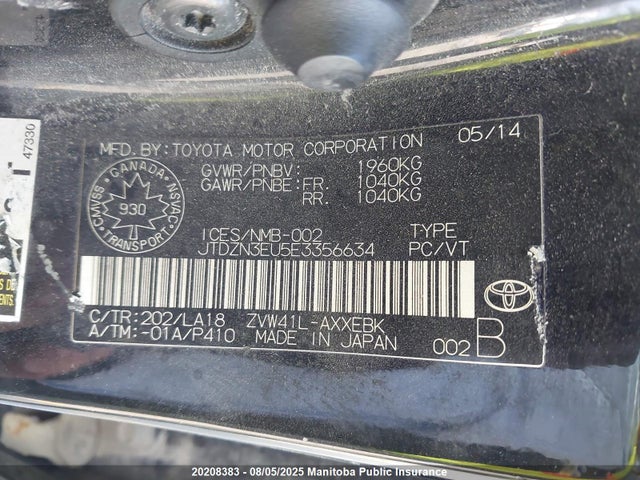 JTDZN3EU5E3356634 Toyota 2zr-fxe+5jm