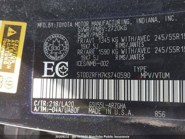 5TDDZRFH7KS740590 Toyota Highlander Limited V6