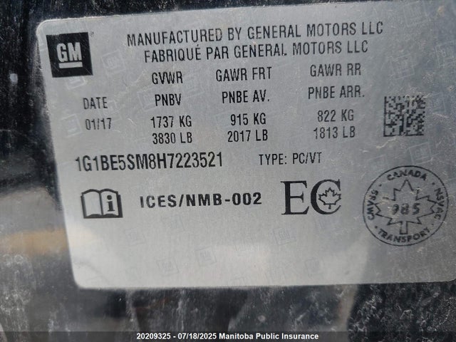 1G1BE5SM8H7223521 Chevrolet le2 -di: direct injection, vvt: variable valve timing, gen, alum