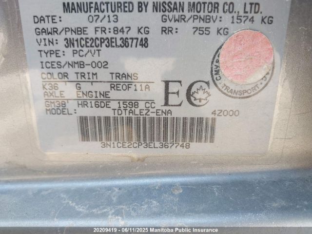 3N1CE2CP3EL367748 Nissan Versa Note Sl