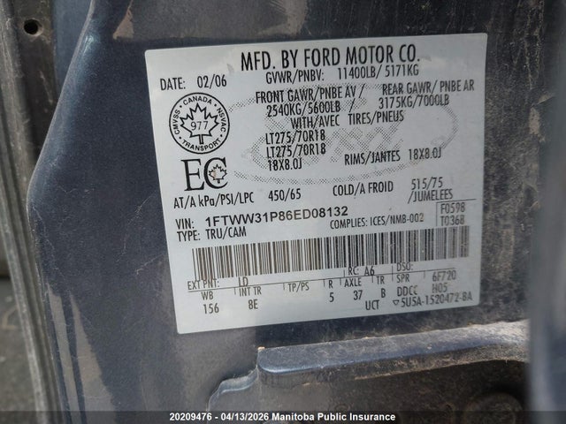 20209476 :رقم المزاد ، 1FTWW31P86ED08132 vin ، 2006 Ford F350 Sd Lariat Crew Cab مزاد بيع