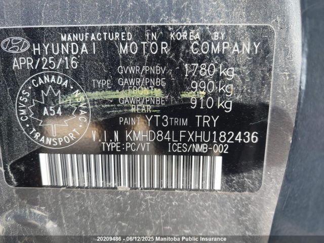 KMHD84LFXHU182436 Hyundai ELANTRA SE