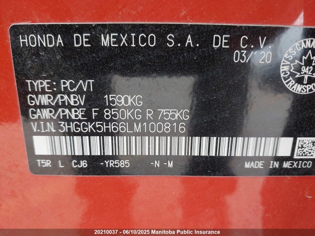 3HGGK5H66LM100816 Honda Fit Sport