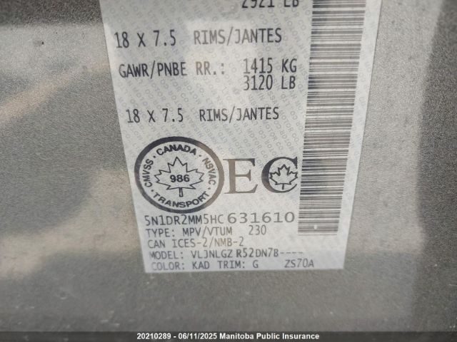 5N1DR2MM5HC631610 Nissan Pathfinder Sl