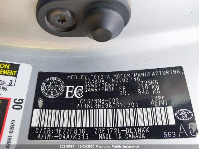 2T1BURHE9GC623201 Toyota COROLLA LE