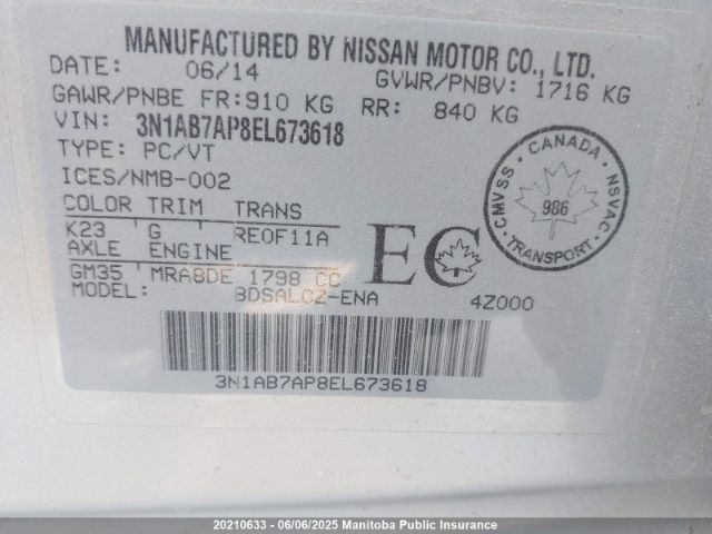 3N1AB7AP8EL673618 Nissan Sentra 1.8 S