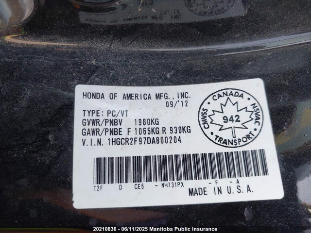 Aukcja sprzedaży 2013 Honda Accord Touring, vin: 1HGCR2F97DA800204, numer aukcji: 20210836
