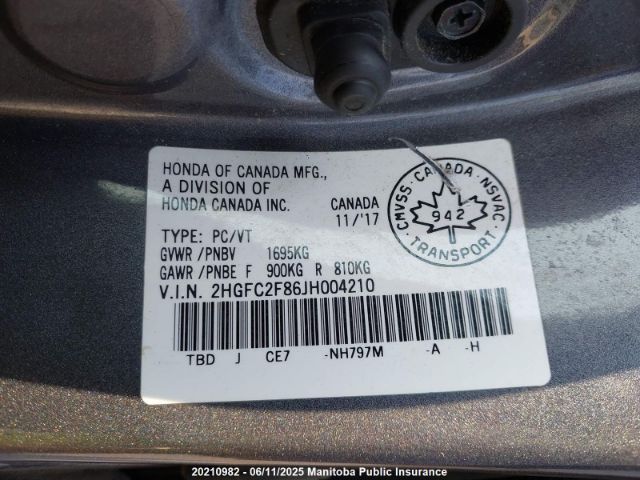 2HGFC2F86JH004210 Honda CIVIC EX