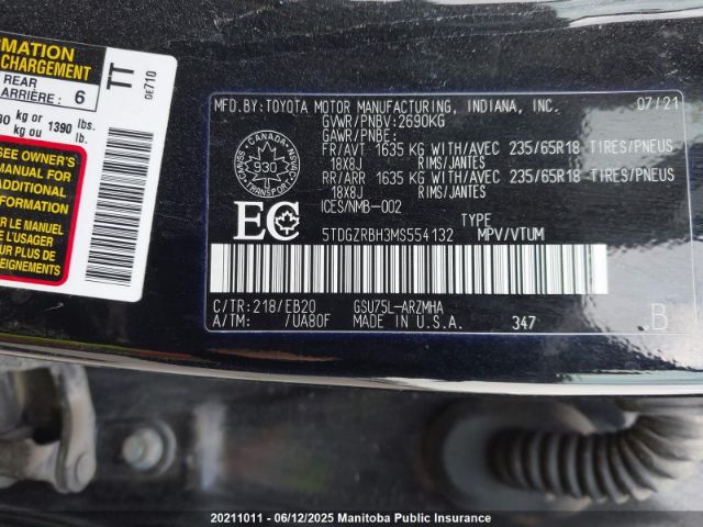 5TDGZRBH3MS554132 Toyota Highlander Xle V6
