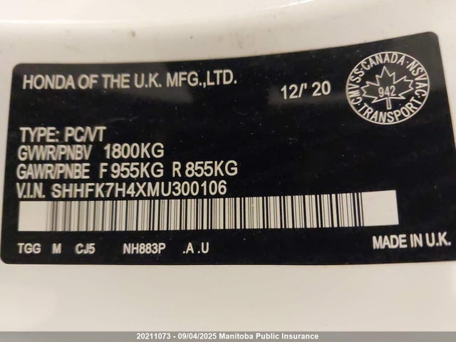 SHHFK7H4XMU300106 Honda l15ba