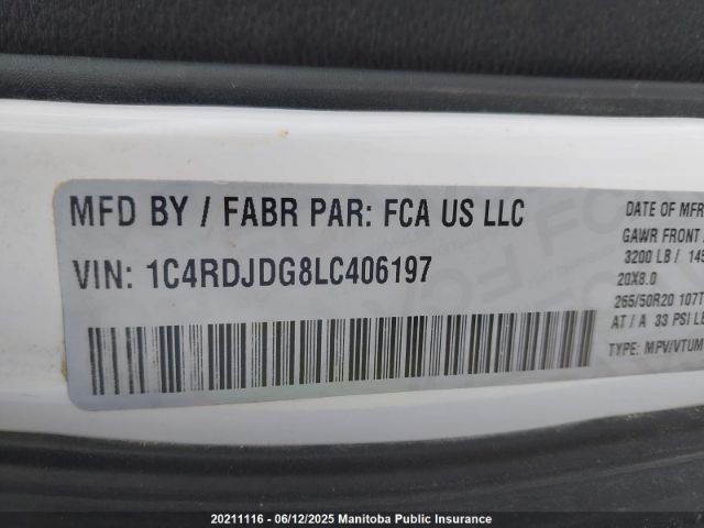 1C4RDJDG8LC406197 Dodge DURANGO GT