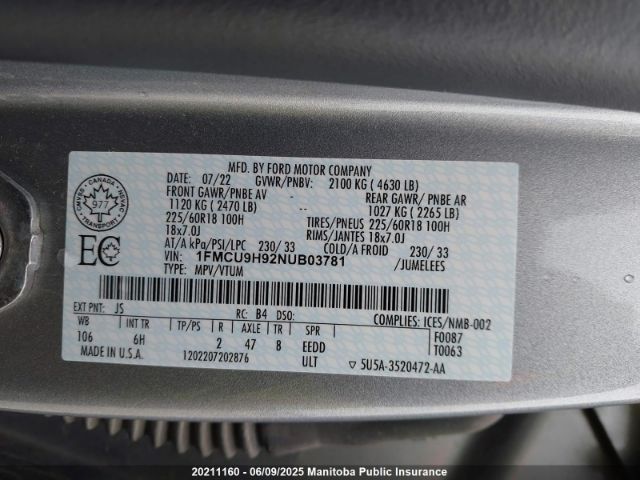 1FMCU9H92NUB03781 Ford Escape Sel 2.0t