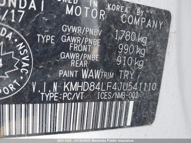 KMHD84LF4JU541110 Hyundai mpi nu