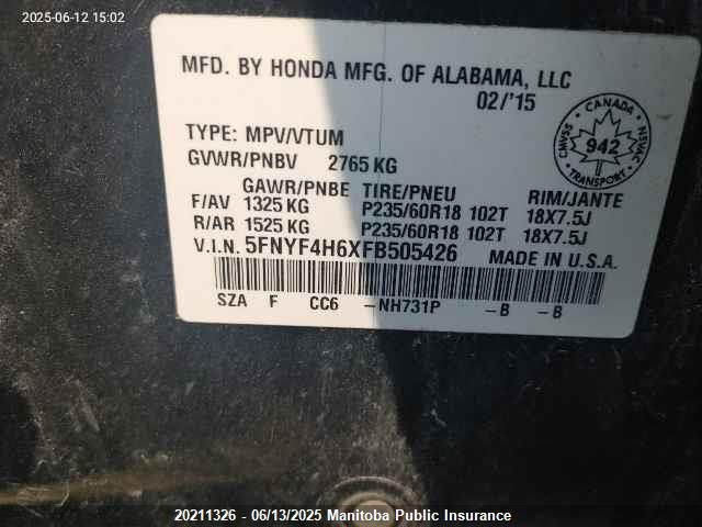5FNYF4H6XFB505426 Honda Pilot Ex-l