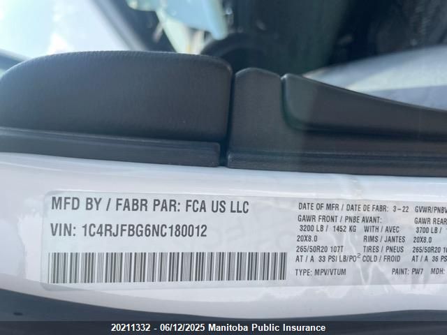 1C4RJFBG6NC180012 Jeep Grand Cherokee Limited