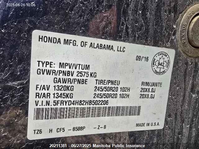 5FRYD4H82HB502206 Acura j35y5